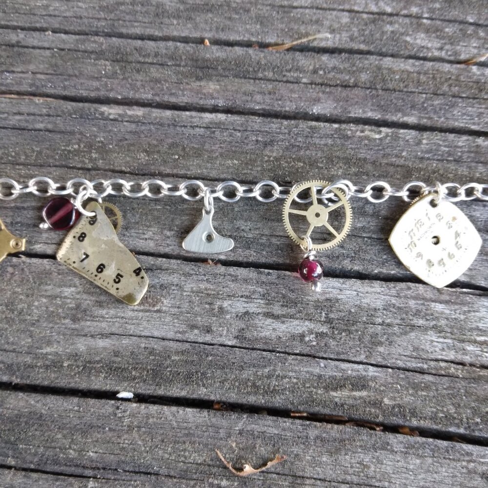 Vintage Sterling Steampunk Watch Parts Garnet Charm Bracelet - Picture 5 of 9